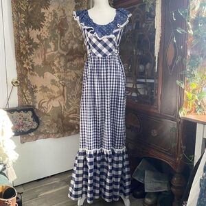 Vintage Crochet Ruffle Navy White Plaid Gingham Dress Doen Sora